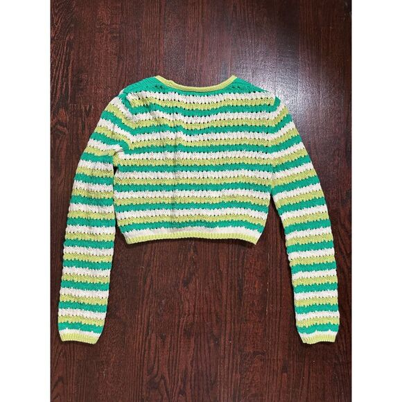 Zara Green White Crochet Striped Button Down Cropped Sweater Size Small - Picture 5 of 6